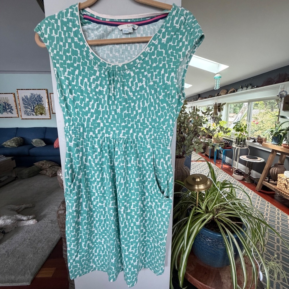 Boden Jersey Dress Womens 6P Green Good Geometric Pocket Coastal Cottagecore